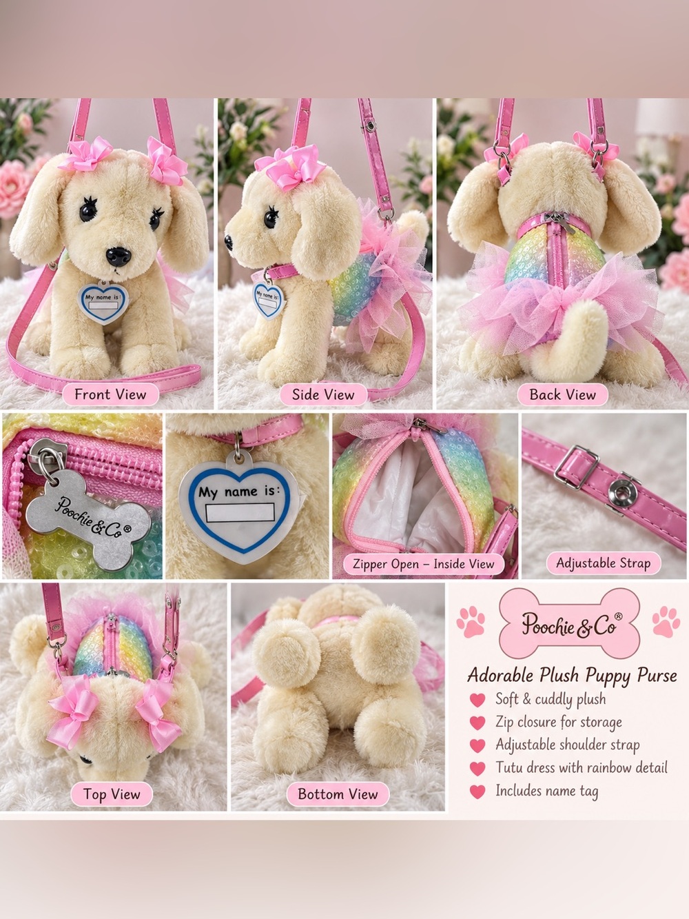 Poochie & Co Plush Puppy Dog Purse Kids Pink Tutu Rainbow Sequin Shoulder Bag